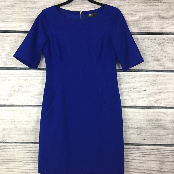 Tahari Sheath Dress Pockets Blue Gold Zipper 4P - Picture 3 of 6